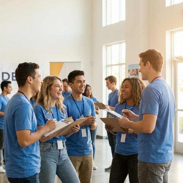 Diverse volunteers in blue t-shirts engaged in a community campaign event